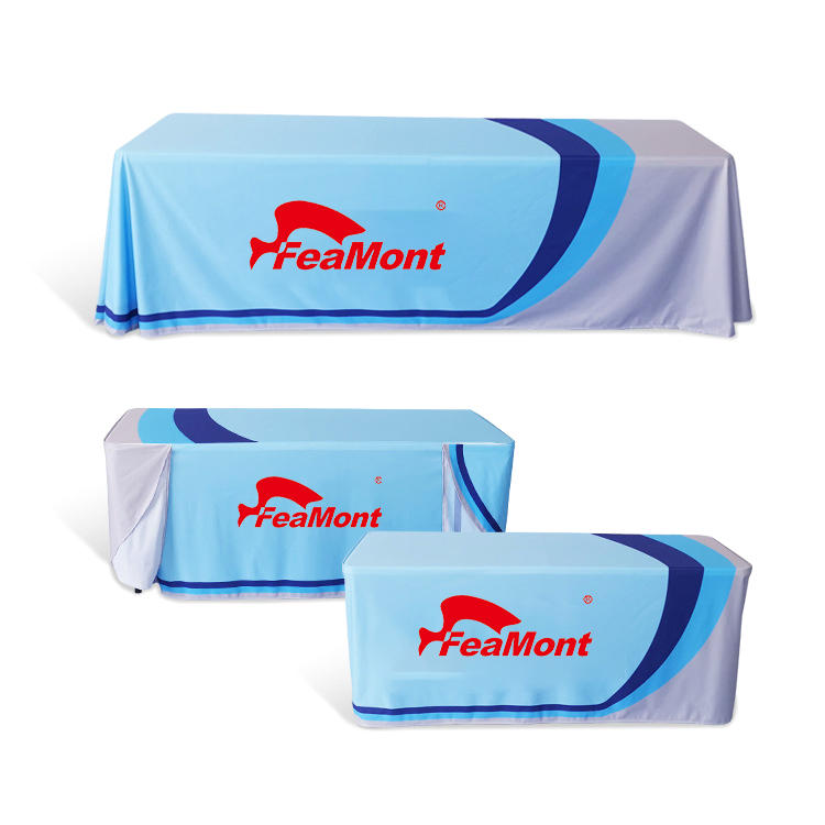 Cheap outdoor wedding party trade show custom printed promotional spandex stretch fitted table cloth